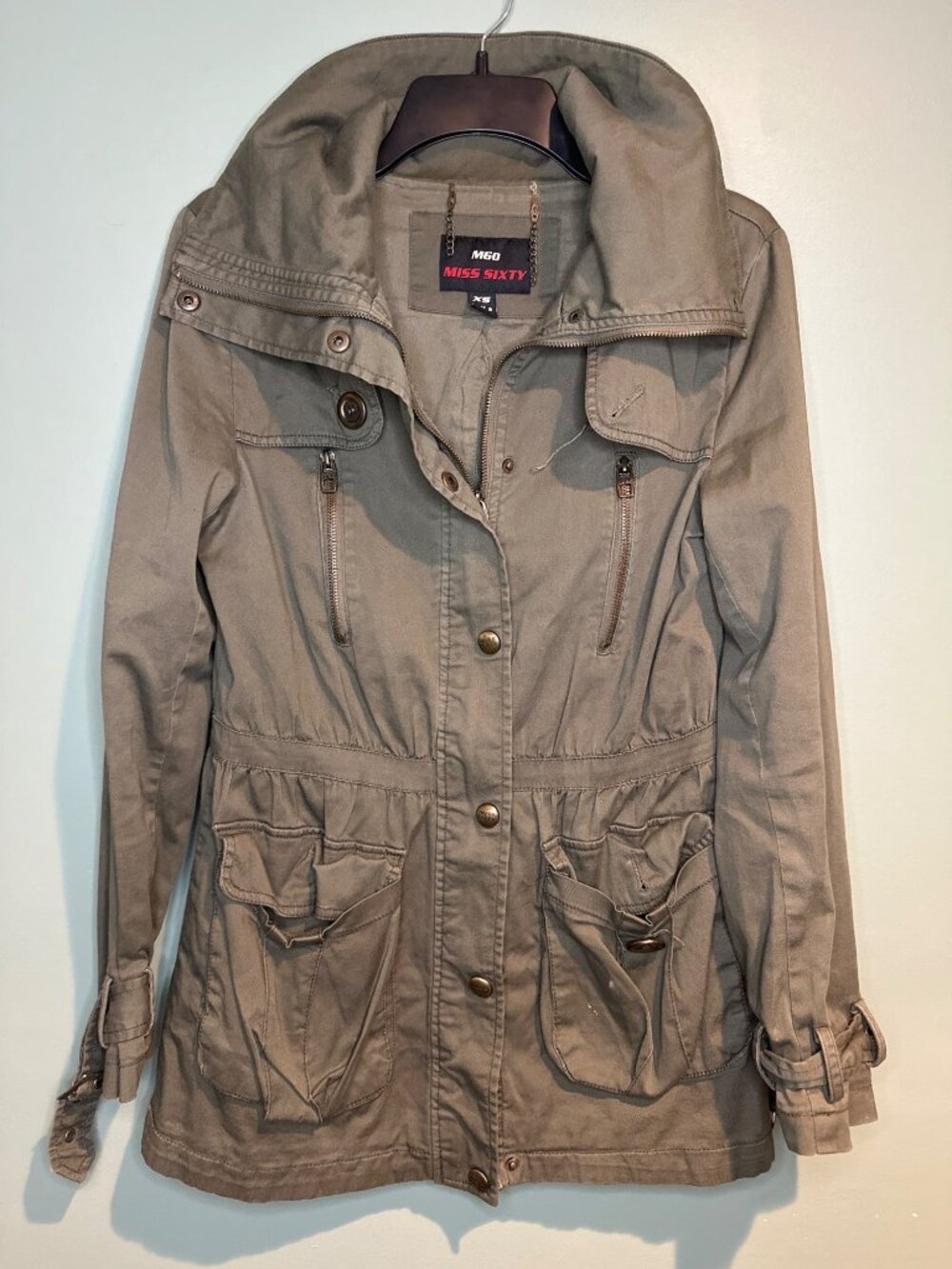 Miss Sixty M60 Women’s XS Khaki Utility Jacket Y2K Cargo Moto Gorpcore Indie